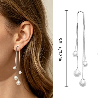 Pearl Dangle Earrings for Women, 14K Gold Plated, Long Tassel Drop Style, Trendy Fashion Jewelry - color: Silver
