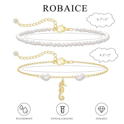 Robaice Anklets for Women, 14K Gold Plated Layered Ankle Bracelets | Waterproof Figaro Link Pearl Anklet, Ankle Bracelets for Women Stackable, Summer Beach Jewelry Gifts Non Tarnish - style: Gold Seahorse Anklet