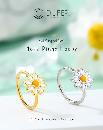 OUFER Nose Rings Hoops, 316L Surgical Steel Hinged Segment Nose Rings 20G, Silver Gold Nose Rings with Cute Daisy Design, Nose Nostril Piercing Jewelry for Women and Men - color: Silver