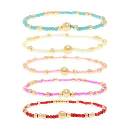 Gold Beaded Stackable Friendship Bracelets Set for Women, Handmade Boho Stretch Summer Jewelry Gift. - color: gold orange green red fuchsia yellow