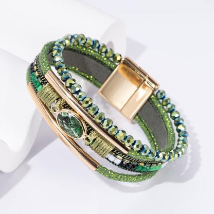 Boho Leather Wrap Bracelets Beaded Stackable Cuff Bracelet Country Concert Outfits Cowboy Cowgirl Western Jewelry Gifts for Women - color: Crystal-Green