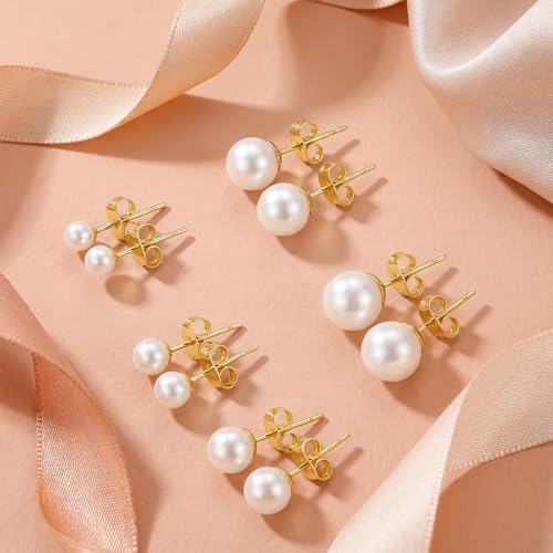 5 Pairs Pearl Earrings Set Gold Filled Polished Pearl Stud Earrings for Women 4mm,5mm,6mm,7mm,8mm 5 Sizes Jewelry for Wedding Birthday Party Prom