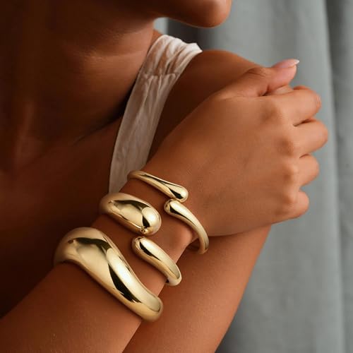 M MOOHAM Chunky Gold Bangle Bracelets for Women, Dainty 14k Gold-Plated Thicker Statement Bangles Twist Cuff Bracelet Set Stack for Women Non Tarnish Trendy Jewelry Gifts - color: 04. Wave & Drops Bangles-3PCS