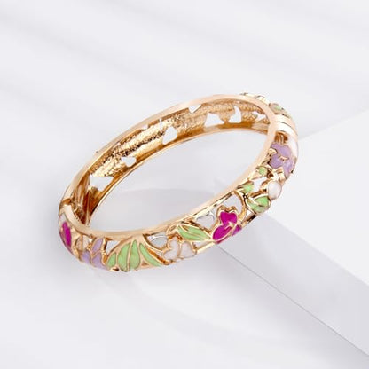 UJOY Cloisonne Bracelet Lotus Flower Plated Cuff Bangle Enameled Jewelry Bracelets Gift for Women Pack in Case 88B16 - color: 2 Pcs Set-White and Green