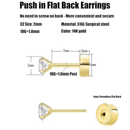 Threadless Flat Back Earrings, Hypoallergenic 14K Real Gold Plated CZ Stud Earrings | Cartilage Earring | Tragus Helix Piercing Jewelry | Push in Flatback Earrings for Women Men - color: 14K Gold, size: 2 Millimeters