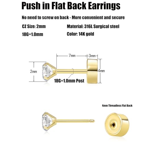 Threadless Flat Back Earrings, Hypoallergenic 14K Real Gold Plated CZ Stud Earrings | Cartilage Earring | Tragus Helix Piercing Jewelry | Push in Flatback Earrings for Women Men - color: Rose Gold, size: 2 Millimeters