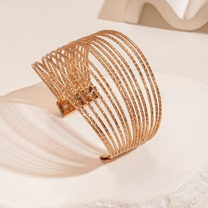 Chunky Cuff Bracelets for Women Wide Gold/Silver Cuffs Bangle Hollow Out Adjustable Bracelets Punk Vintage Jewelry - style: Gold D