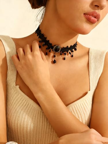 Lace Choker Necklace for Women Tassel Pendant Choker Necklaces Elegant Boho Collar Necklaces Statement Artistic Chain Necklace with Pearl Halloween Party Cosplay Costume Jewelry - color: Black Beads-2