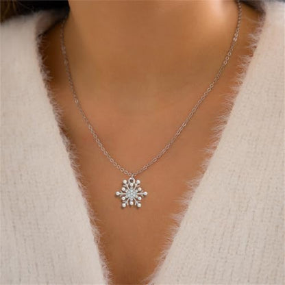 Dreuyet Snowflake Earring and Necklace Set for Women Clear Cubic Zirconia Sparkle Snowflake Hoop Earrings Silver Christmas Snowflake Pearl Earrings Winter Holiday Women Wife Jewelry Gift - color: Silver