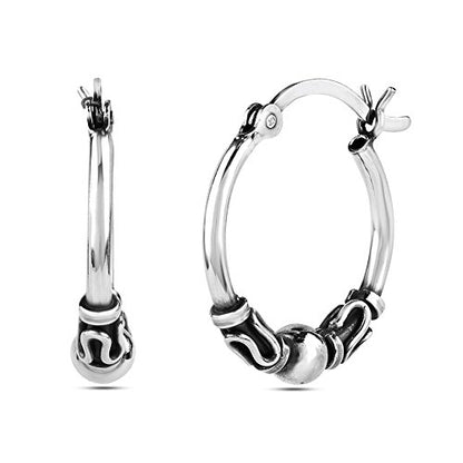 LeCalla 925 Sterling Silver Oxidized Balinese Hoops Earring Jewelry Small Antique Bali Beaded Hoop Earrings for Women - color: Oxidized Balinese