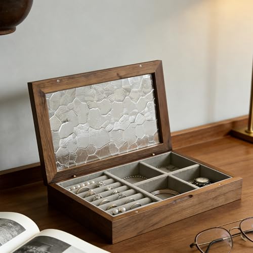 Wooden Jewelry Box with Glass Lid, Multi-Compartment Jewelry Display Case, Ligth Gray Velvet Lining, Walnut Brown - color: Ligth Gray Velvet Lining, Walnut Brown