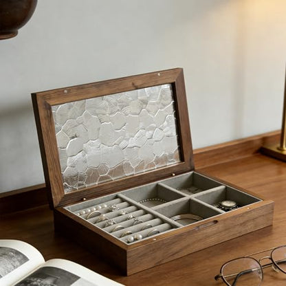 Wooden Jewelry Box with Glass Lid, Multi-Compartment Jewelry Display Case, Ligth Gray Velvet Lining, Walnut Brown - color: Ligth Gray Velvet Lining, Walnut Brown
