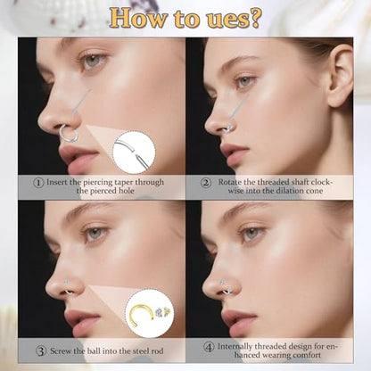 Longita 20g Nose Rings Hoop L Shape Nose Studs Stainless Steel Nose Screw Bone Flat Top Diamond Opal Heart High Nostril Piercing Jewelry Silver Rose Gold Black Pack for Women Men - color: B4- Horseshoe Ring 2pcs 18g 6mm 8mm- gold