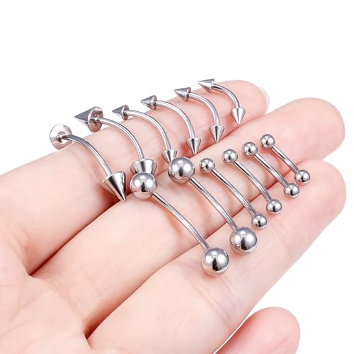 Eyebrow Piercing Jewelry Surgical Steel Vertical Labret Lip Jewelry Curved Barbell Tiny Eyebrow Rings Ear Rook Navel Small Belly Button Ring for Women Men 16g 6mm/8mm/10mm/12mm/14mm/16mm - color: silvertone,ball+spike