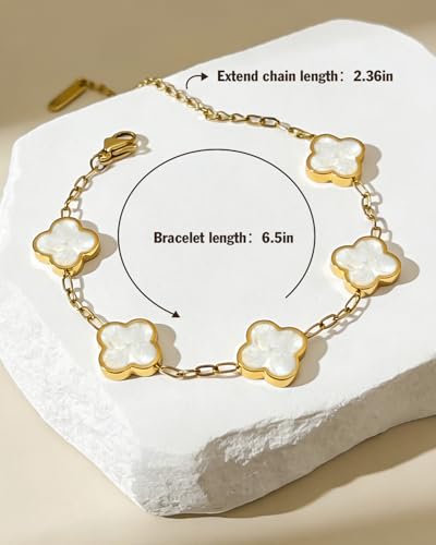 Four Leaf Clover Bracelet 18K Gold Plated Bracelets for Women Lucky Flower Design Stainless Steel Hypoallergenic Link Chain Adjustable Dainty Trendy Jewelry Gifts for Women - color: White