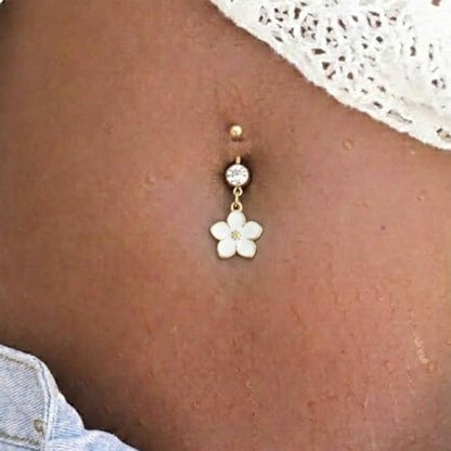 Flower Belly Button Ring for Women 14K Gold Plated Cubic Zirconia Navel Piercing Jewelry Stainless Steel CZ Crystal Charm Belly Ring Hypoallergenic Belly Bar for Women - color: White