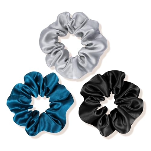 OLESILK 100% Mulberry Silk-Scrunchies for Hair Sleep, Women Grils Silk Hair Ties for Frizz & Breakage Curly Hair, No Damage, Elastics Ponytail Holder, 3 Pack - color: Royalblue