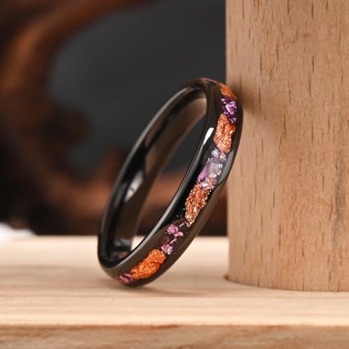 Tungsten Rings for Men and Women 8mm/4mm Men’s Wedding Bands | 8mm Black Inlaid Purple Galaxy Opal Fashion High Polished Suitable for engagement and anniversary parties comfortable fit - color: 4mm gold and purple