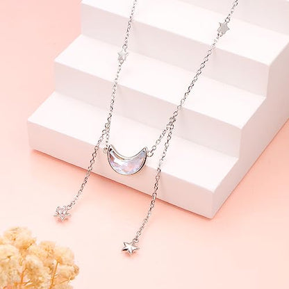 Ladytree 925 Sterling Silver Jewelry Crescent Moon and Star Pendant Necklace - style: Five Stars and Moon 2