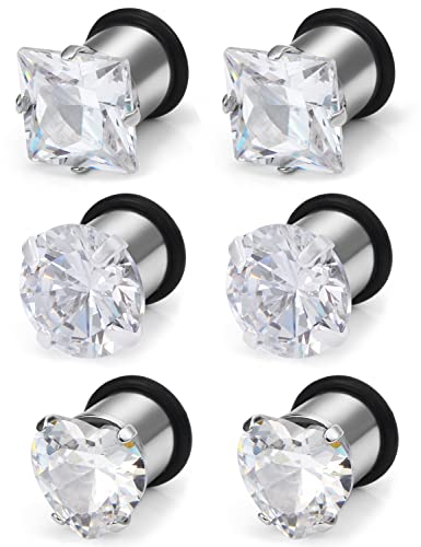 8G 6G 4G 2G 0G 1/2 inch Stainless Steel Ear Gauges - Round, Square, Heart, Cubic Zirconia - 3mm to 12mm - Silver, 3 Pairs - color: Gauge=0g=8mm