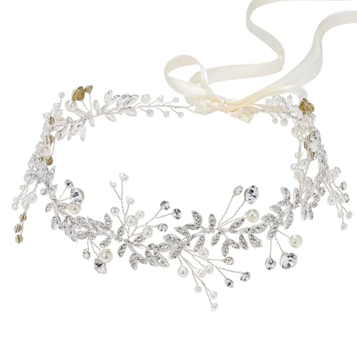 SWEETV Bridal Headpiece Silver Wedding Headband for Brides Hair Accessories | Pearl Hair Vine Rhinestone Hair Accessories for Women Bridal Headband, Wedding Hair Accessories Wedding Headbands for Brides