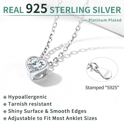 ChicSilver 925 Sterling Silver Anklets for Women, Simple Dainty Round/Heart Birthstone Ankle Bracelet Beach Foot Jewelry, 8.7-10.7 Inch Adjustable - color: 04. Heart - April(Diamond)