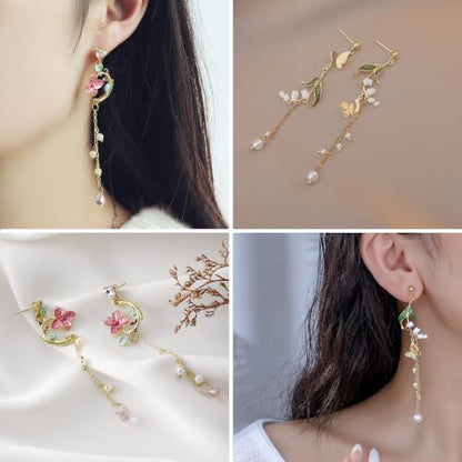 9 Pairs Flower Dangle Earrings for Women Hypoallergenic Pearl Leaf Floral Tassel Earrings Trendy Statement Long Drop Earrings Jewelry Gifts