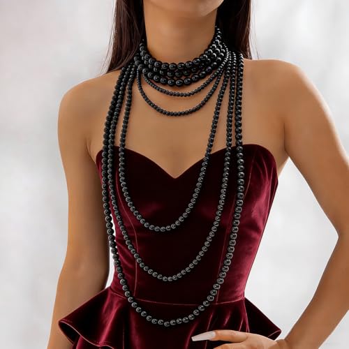 Long Pearl Beaded Necklace Layered Big Small Beads Pearl Necklaces Multi Strand Pearls Necklaces for Women Trendy Jewelry Gift - color: E：Black