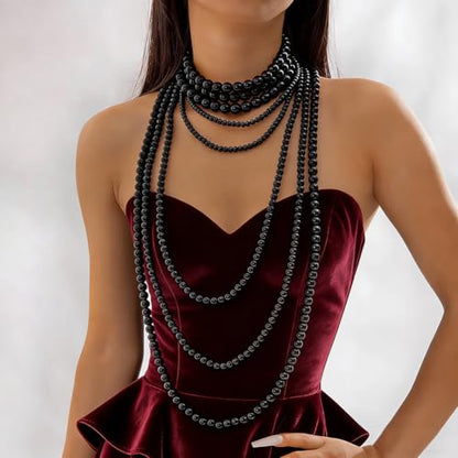 Long Pearl Beaded Necklace Layered Big Small Beads Pearl Necklaces Multi Strand Pearls Necklaces for Women Trendy Jewelry Gift - color: E：Black