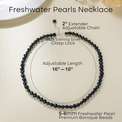 Natural Pearls Necklace, Freshwater Baroque Pearls Necklace for Women's Pearl Strand Choker Necklace 18K Gold Plated & S925 Sterling Silver Clasp White Necklace Chain - color: Black, 5-6mm, Silver Clasp