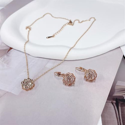 Rose Flower Jewelry Sets for Women Dainty Blooming Filigree Flower Austrian Crystal Choker Necklace Earring Set for Wedding Valentine Fashion Jewelry for Brides Bridesmai - color: Rose Gold