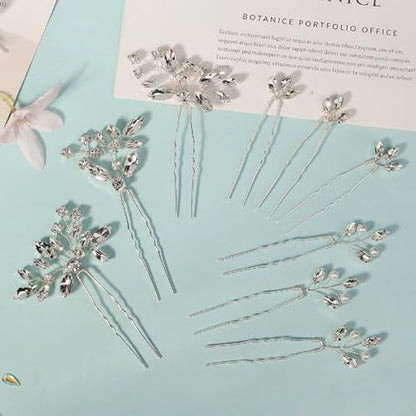 9 Pieces Hair Accessories Bride Hair Pins Rhinestone Bridal Hairpiece for Women Crystal Jewelry for Bridesmaids Flower - color: A Silver