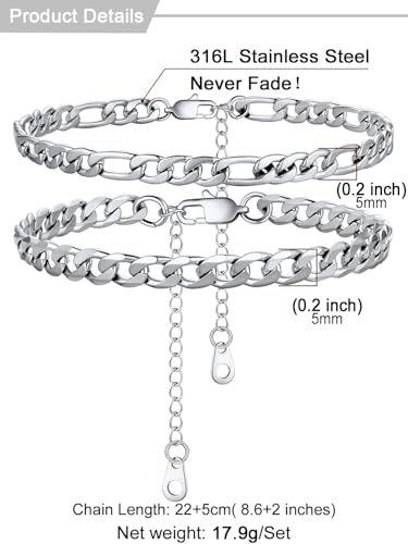U7 2Pcs/3Pcs Ankle Bracelets for Women, Stainless Steel Cuban Link/Figaro/Rope/Heart Chain Anklets Sets,Waterproof Layered Anklets Adjustable 8.5"-10.5" - color: 01. 2Pcs Style A-Stainless Steel