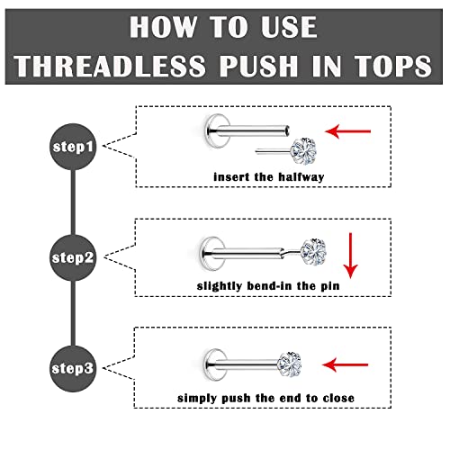 16G 18G 20G Threadless Push in Lip Rings Stainless Steel Flat Back Nose Rings Studs Tragus Helix Conch Cartilage Lobe Earrings Stud Piercing Jewelry for Women Men Diamond CZ Silver 20PCS - color: 16G-10MM Length-2.5MM CZ