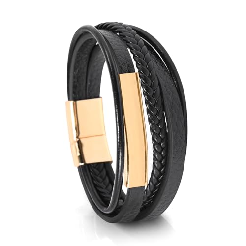 Leather Bracelet for Men Braided Stainless Steel Mens Bracelets - color: Gold