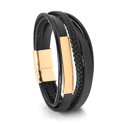 Leather Bracelet for Men Braided Stainless Steel Mens Bracelets - color: Gold