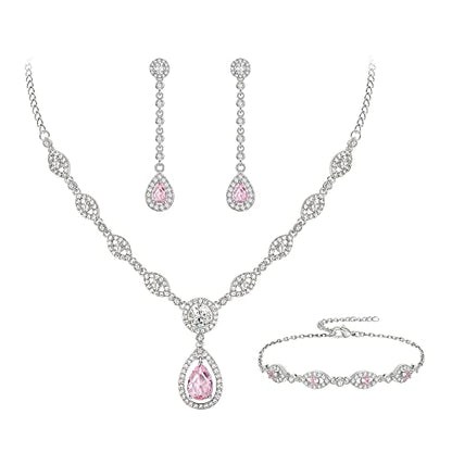EVER FAITH Bridal Jewelry Set for Women, Stunning Teardrop Cubic Zirconia Birthstone Necklace Bracelet Earrings Sets Gift for Mothers Day/Valentines/Birthday/Christmas - color: Pink