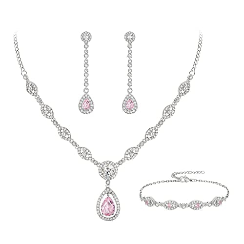EVER FAITH Bridal Jewelry Set for Women, Stunning Teardrop Cubic Zirconia Birthstone Necklace Bracelet Earrings Sets Gift for Mothers Day/Valentines/Birthday/Christmas - color: Pink