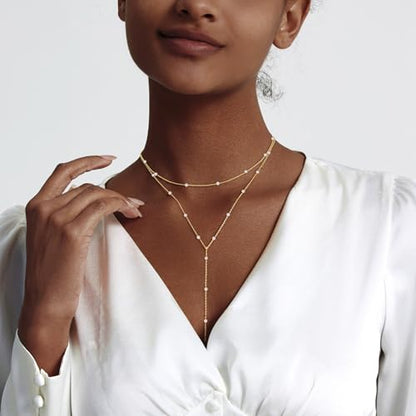 Zeffy Gold Pearl Necklace for Women, Dainty 14K Gold/Silve Plated Layered Pearl Choker Pearl Earrings Pearl Bracelets Wedding Trendy Gold Jewelry Set for Women Gifts - style: Gold Pearl Y Layered Necklace -1PCS