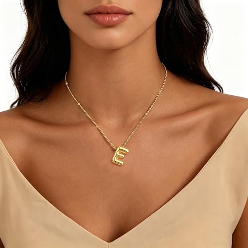Bubble Letter Necklace for Women, 14k Gold Plated Initial Letter Pendant Necklace Personalized Jewelry A - Z 26 letters - style: Gold-F