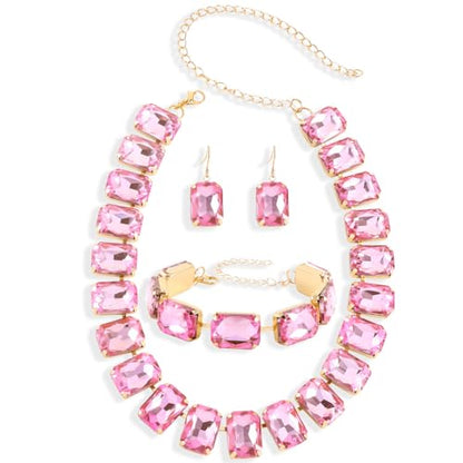 KOSMOS-LI Rectangle Faux Crystal Jewelry Sets Includ Necklace Bracelet Earrings For Women Stocking Stuffers - color: pink