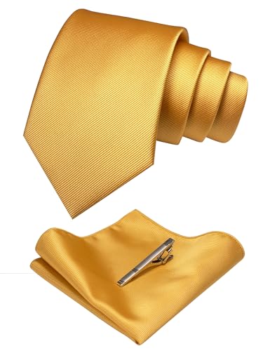 JEMYGINS Solid Color Formal Necktie and Pocket Square Tie Clip Sets for Men - color: Gold/Yellow