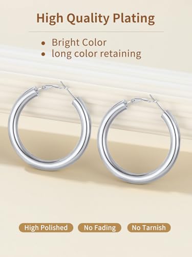 FindChic Hoop Earrings for Women, Silver/Black/14K Gold Plated Hypoallergenic Hollow Round Tube Loop Earrings, 20mm/30mm/40mm/60mm/80mm Chunky Hoops with Custom Name Options & Gift Box - color: b.Silver, size: 40MM