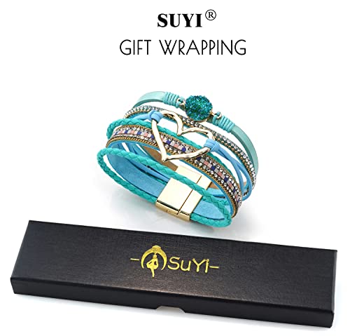 Suyi Multilayer Leather Wrap Bracelet Heart-Shape Wide Bracelets for Women - color: Light Blue