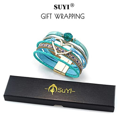 Suyi Multilayer Leather Wrap Bracelet Heart-Shape Wide Bracelets for Women - color: Light Blue