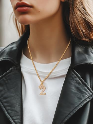 U7 Crown Initial Necklace Men Women, Bling Diamond A-Z 0-9 Letter Pendant with Wheat Chain, Silver/Black/Gold Plated CZ Alphabet Number Hip Hop Jersery for Father Husband - color: a. Gold, size: 26. Z