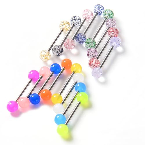 FORUBUS Colorful Tongue Rings Nipple Rings for Women Body Piercing Jewelry 14G 16mm Pierced Barbells Body Jewelry 50Pcs/30Pcs/20Pcs Pack - color: E-16pcs glow steel