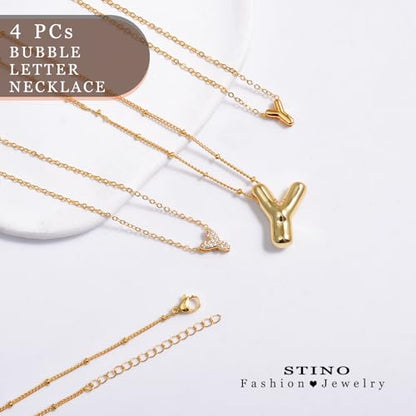 stino 4PCs Bubble Initial Letter Necklace Set, No Tarnish 14K Gold Plated Alphabet Pendant, Jewelry for Women - style: Y