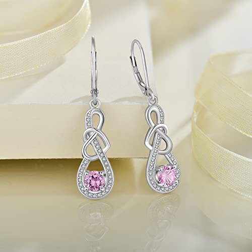 Dangle Drop Earrings for Women 925 Sterling Silver Heart Infinity Leverback Earrings Birthstone Jewelry Gifts for Women Wife Girlfriend Mother Daughter Her - color: 10 October - Pink Tourmaline