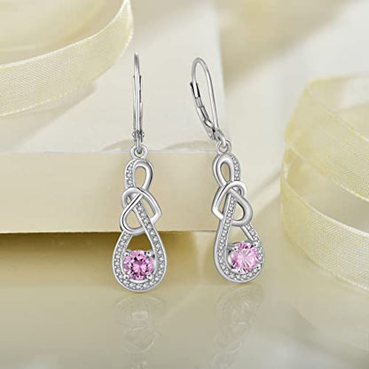 Dangle Drop Earrings for Women 925 Sterling Silver Heart Infinity Leverback Earrings Birthstone Jewelry Gifts for Women Wife Girlfriend Mother Daughter Her - color: 10 October - Pink Tourmaline